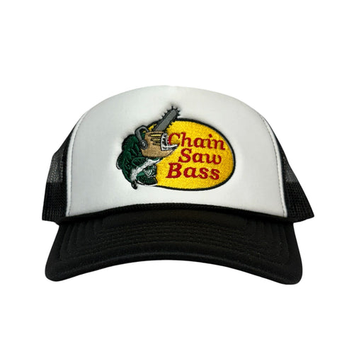 White and black cap with 'Chain Saw Bass' logo on a white background