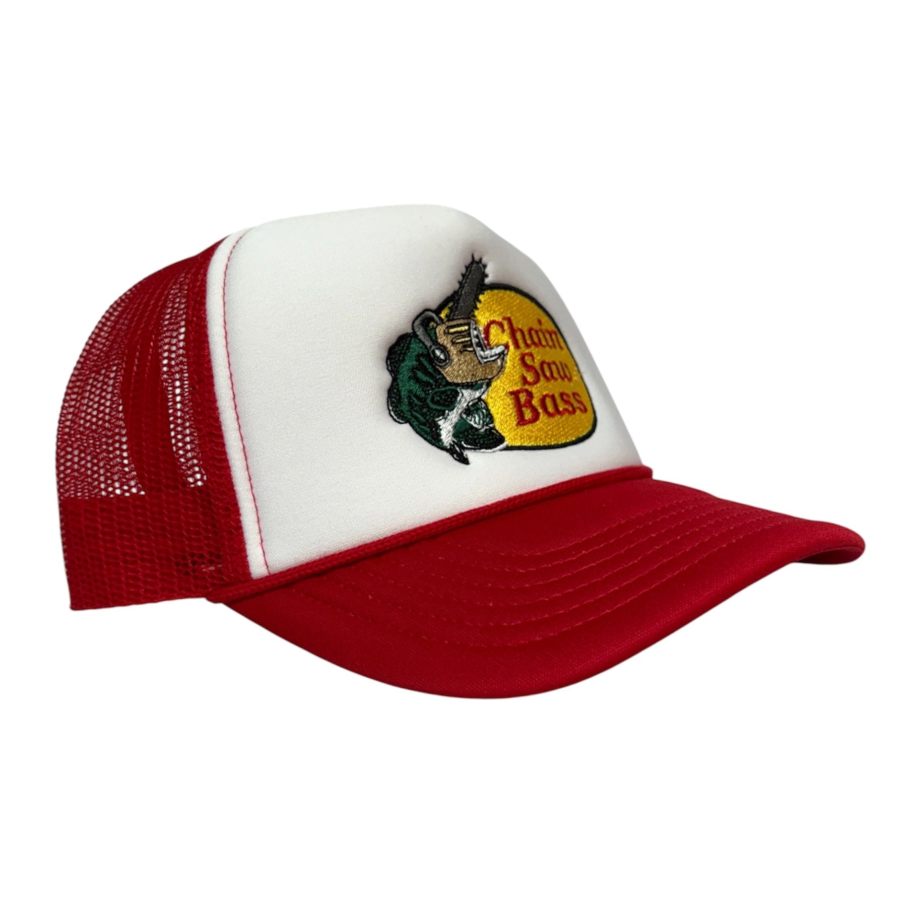 Red and white trucker hat with a logo on a white background