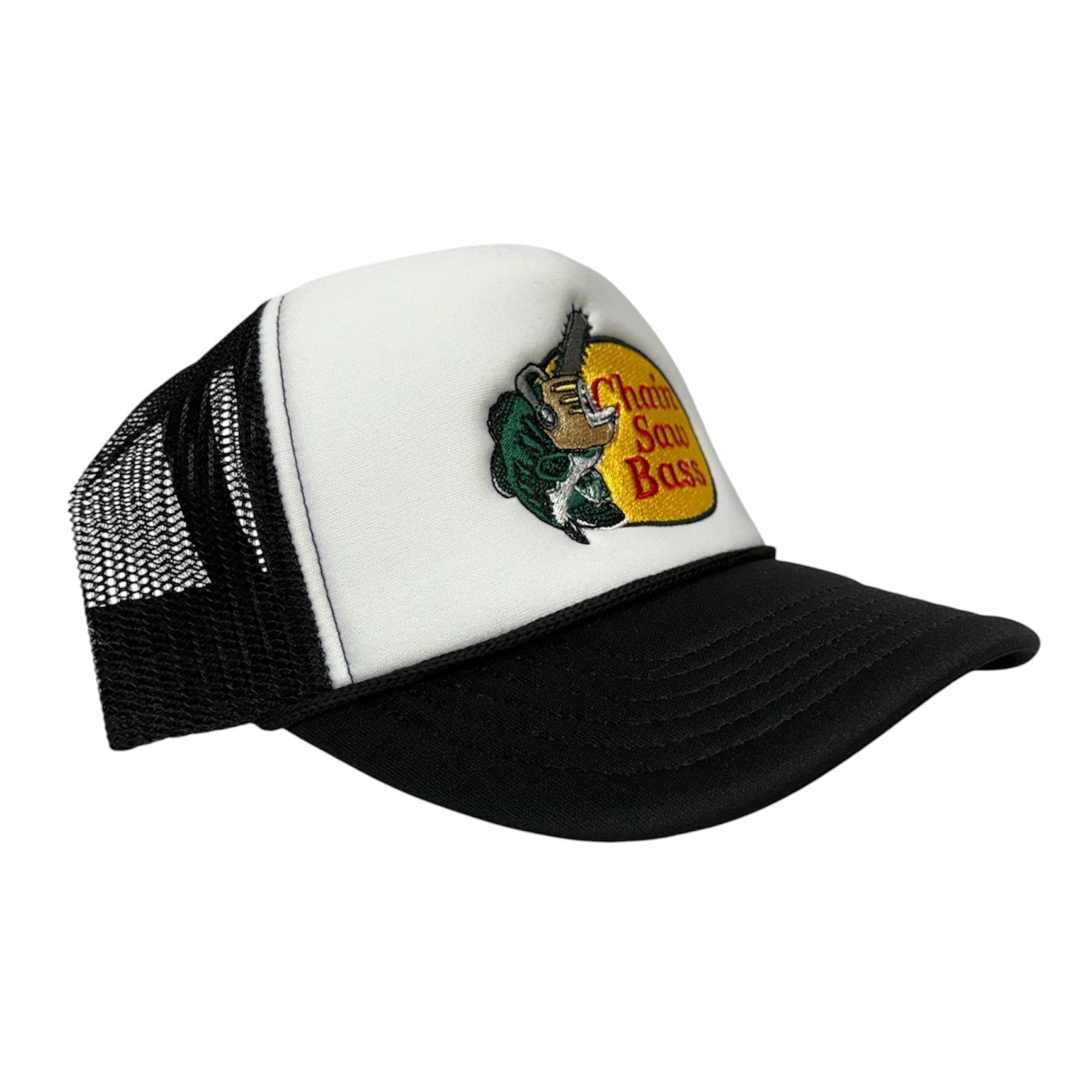 White and black trucker hat with a logo on a white background